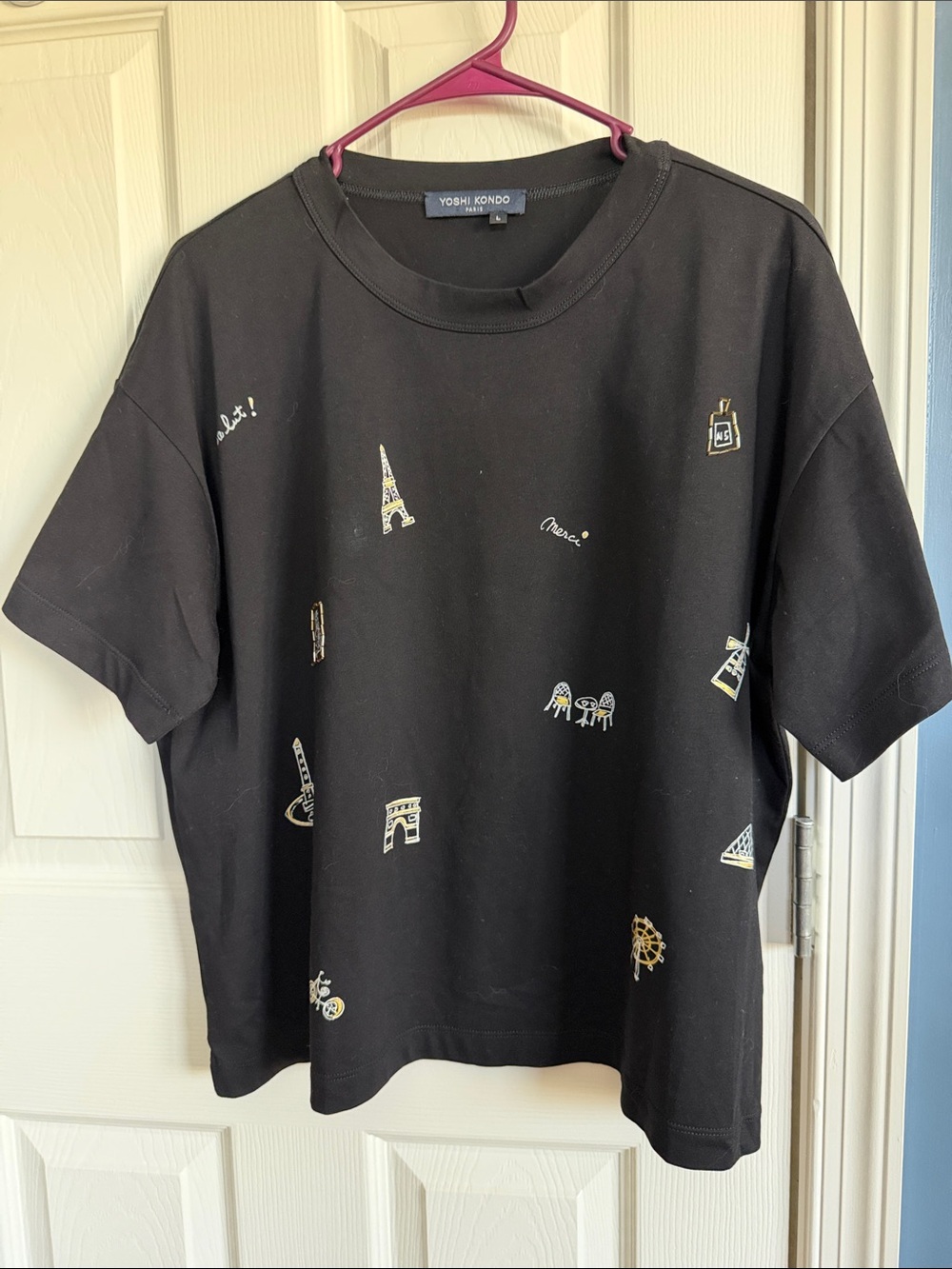 Yoshi Kondo Black Short Sleeve Tee with Paris Motif Embroidery